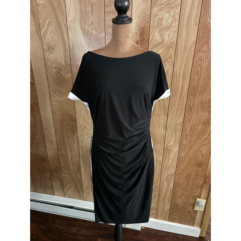 Chaps Womens Black White Striped Ruched‎ Side Sheath Dress Boat Neck Large